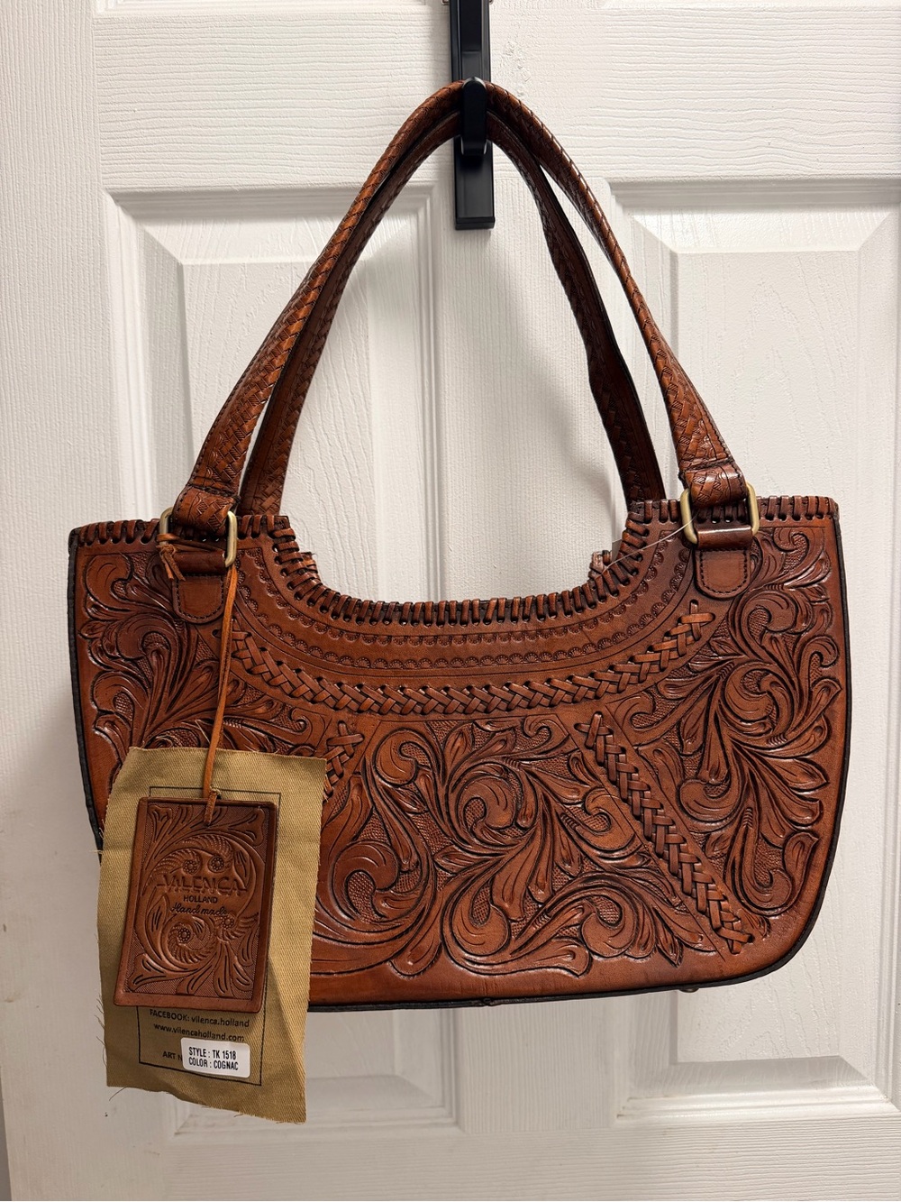 Tooled Leather Shoulder Bag in Brown by Vilenca